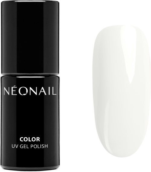 A black bottle labeled 'Neonail Color UV Gel Polish' next to a white nail shaped sample.