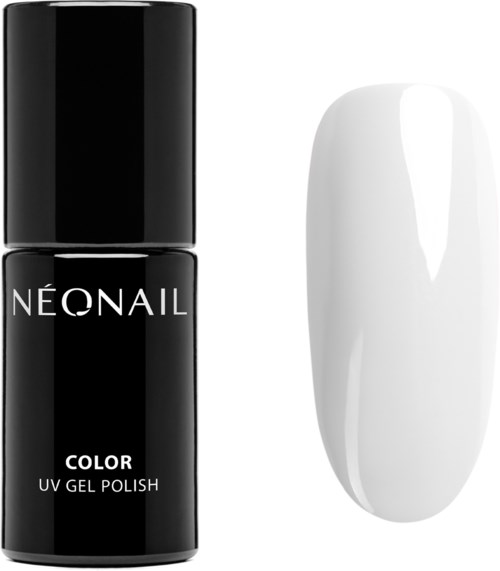 Black bottle labeled Neonaile Color UV gel polish, beside a white artificial nail. Minimalistic, clean design.