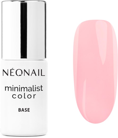A white bottle labeled 'Neonail minimalist color base' next to a pink painted nail. Simple and clean design.