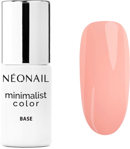 A white nail polish bottle and a pink painted nail are shown, with simple and minimalist design.