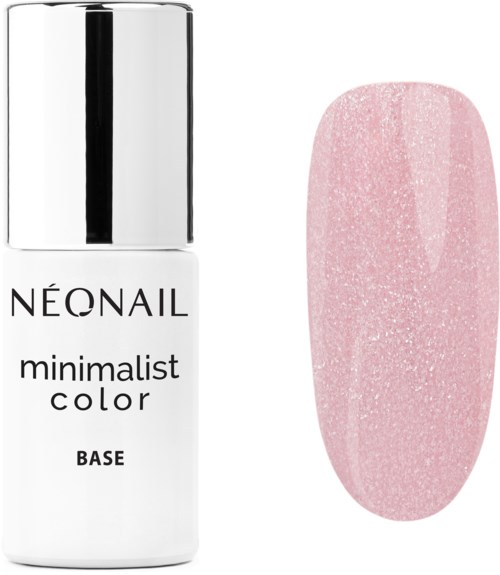 A nail polish bottle labeled 'Neonail' and a pink, glittery painted nail sample next to it.