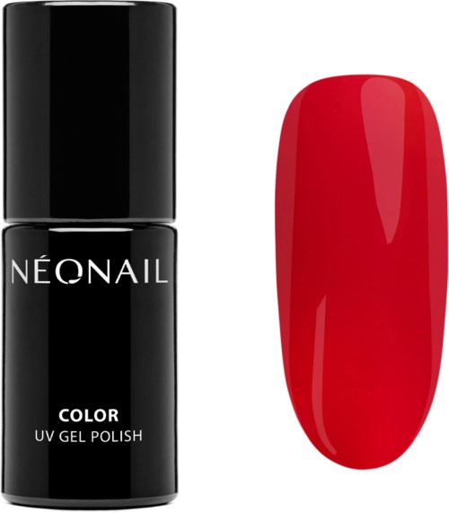 A black bottle labeled 'NEONAIL COLOR UV GEL POLISH' and a red painted nail. Both are simple and minimalistic.