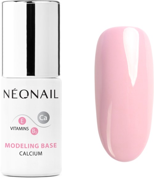 A bottle of nail modeling base and a painted pink nail sample. The bottle is white with a silver cap.