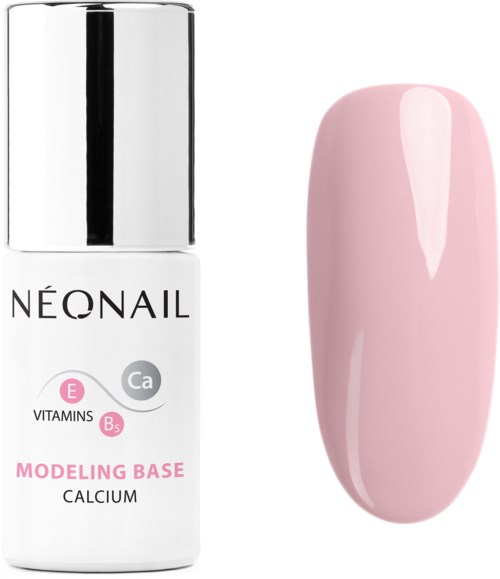 A white bottle of nail modeling base with pink text and a swatch of pink nail polish. The bottle has a shiny, silver cap.