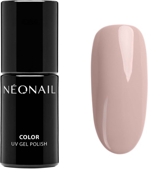 En svart flaska med Neonail UV-gel nagellack bredvid en ljusrosa nagel.