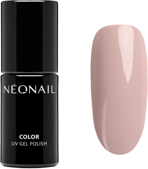 A black nail polish bottle labeled 'Neonail' next to a light pink painted nail.