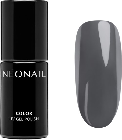 A black nail polish bottle labeled 'NEONAIL' and a gray painted nail. Simple, shiny, and smooth look.