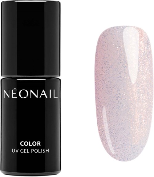 Black bottle of Neonail color UV gel polish next to a finished pastel, glittery nail.