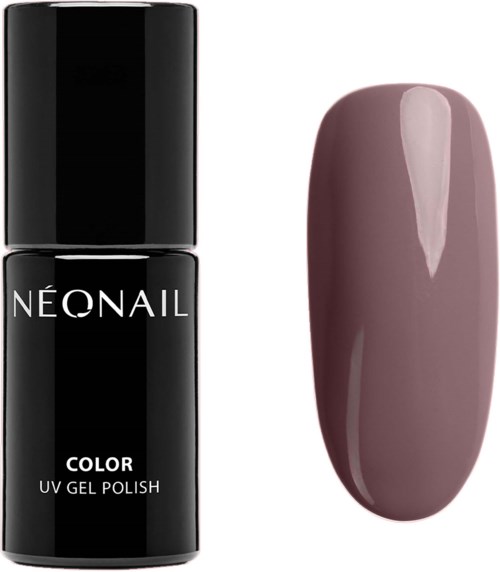 En svart nagellackflaska märkt 'NEONAIL COLOR UV GEL POLISH' bredvid en målad nagel med mauve gelnagellack.