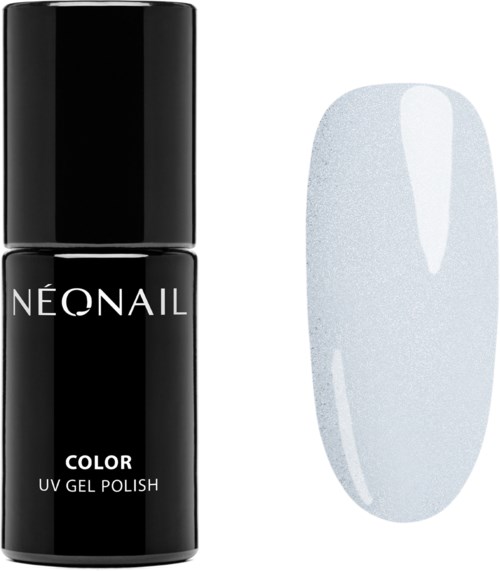 A black bottle of Neonaill color UV gel polish beside a white gel nail. Simple and clean design.