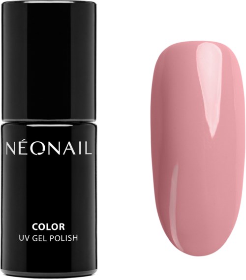 A black nail polish bottle labeled 'NÉONAIL,' next to a light pink nail with a glossy finish.