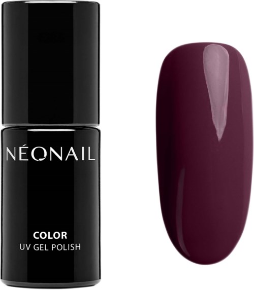 En svart nagellackflaska märkt 'Neonail' och ett nagelnagellack med mörklila färg.