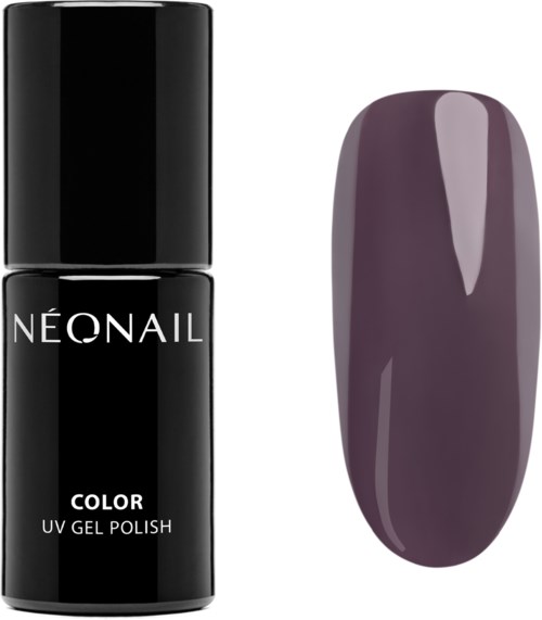 A black bottle of NeoNail UV gel polish and a painted purple nail sample.
