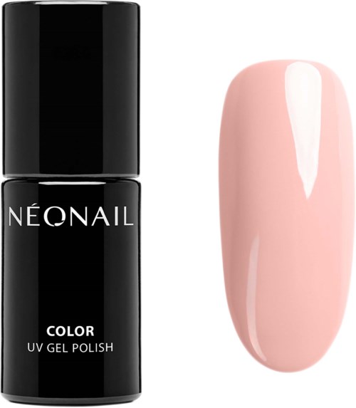 En svart flaska med NEONAIL UV-gel nagellack bredvid en målad nagel i ljusrosa. Enkel och snygg design.