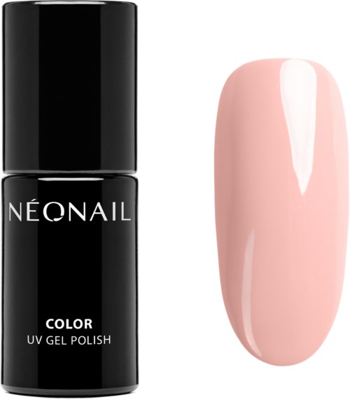 A black bottle of nail polish labeled 'NEONAIL COLOR UV GEL POLISH' next to a pink painted fingernail.