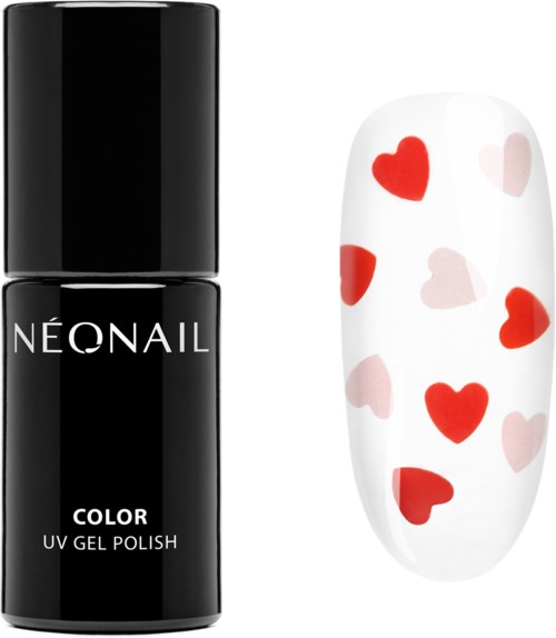 A black bottle of Neonail color UV gel polish next to a nail with heart designs in red and pink.