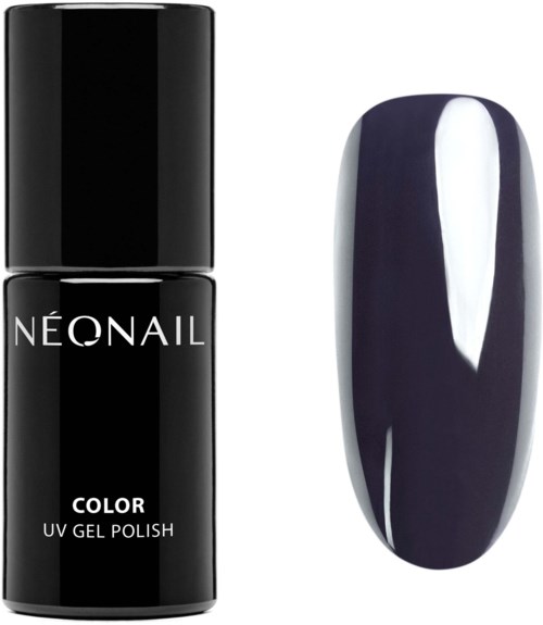 En svart nagellackflaska märkt 'NEONAIL' och en målad nagel med mörklila färg.