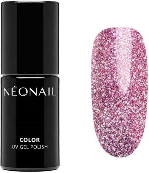 En svart nagellackflaska märkt 'NEONAIL COLOR UV GEL POLISH' och en glitterrosa nagel med glittrande yta.
