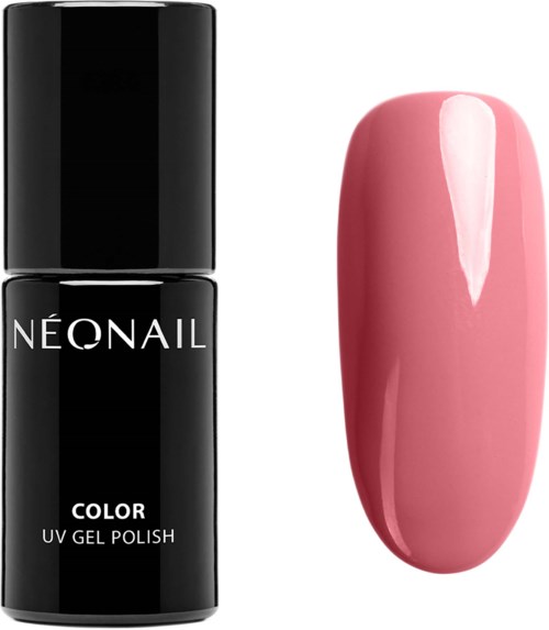 A black nail polish bottle labeled 'NEONAIL COLOR UV GEL POLISH' beside a painted pink nail sample.