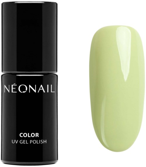 En svart flaska med NÉONAIL färg UV-gelnagellack och en målad konstgjord nagel i ljusgrönt.