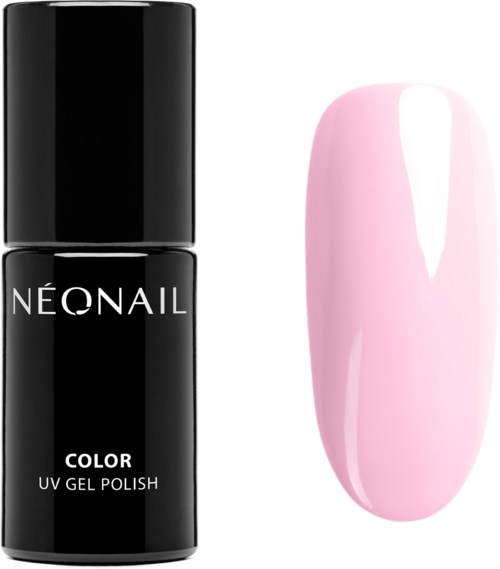 A bottle of NEONAIL color UV gel polish next to a painted pink nail sample.