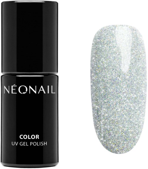 En svart flaska märkt 'NEONAIL COLOR UV GEL POLISH' och ett glänsande, glittrigt silversvängnässample.