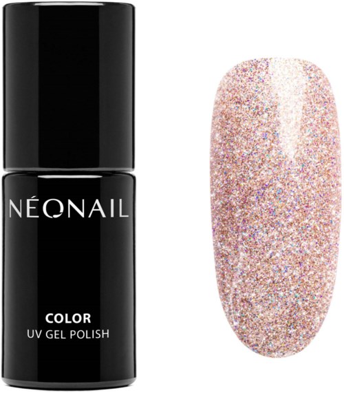 Svart flaska med Neonail färg UV-gel lack och en glitterklädd, flerfärgad nageldesign.