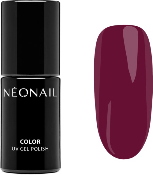 Black nail polish bottle and a swatch of dark purple nail polish. Simple, clean, and shiny finish.