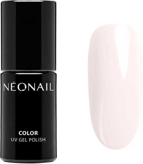 En svart flaska märkt 'Neonail' med en vit nagellacksprov bredvid.