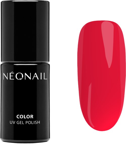 A black bottle of nail polish labeled 'NEONAIL Color UV Gel Polish' and a painted artificial nail in bright pink.