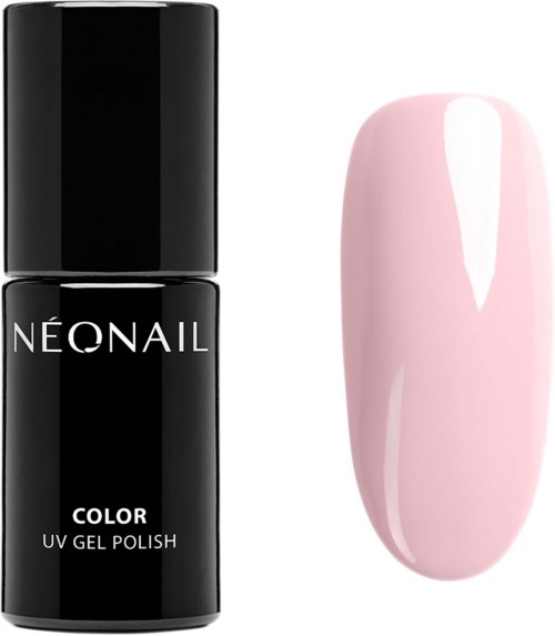 En svart nagellackflaska bredvid ett ljust rosa målat nagelprov. Loggan säger "NEONAIL" och "COLOR UV GEL POLISH."