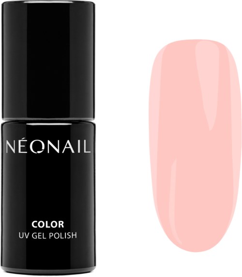 Black nail polish bottle labeled 'NEO NAIL COLOR UV GEL POLISH' with a pink nail next to it.
