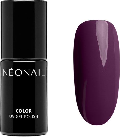 A black bottle of neon nail gel polish next to a purple painted nail. Simple, sleek design. Bright, shiny purple color.