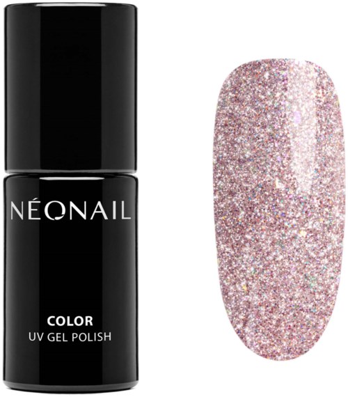 En svart nagellackflaska märkt 'NEONAIL COLOR UV GEL POLISH' bredvid en glitterpinky nail.