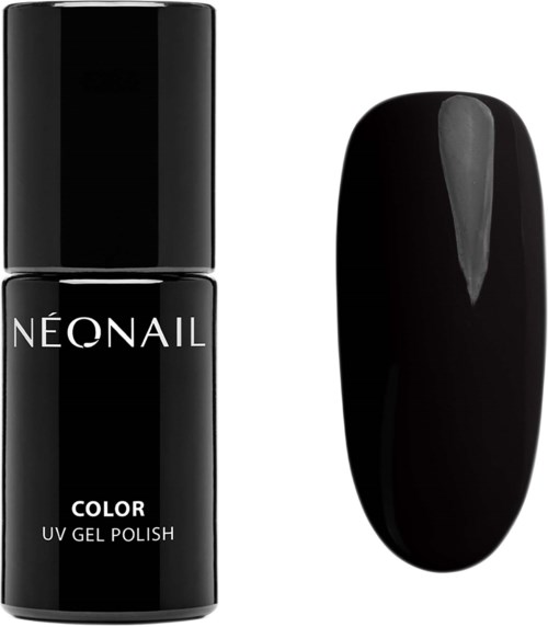 A black nail polish bottle labeled 'NEONAII' and a painted nail sample in black gloss.