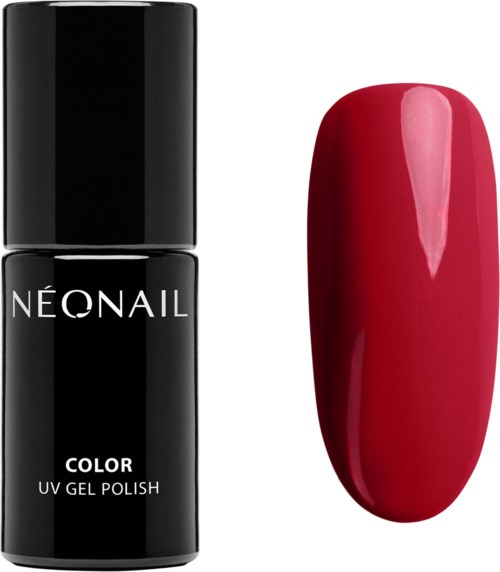 En svart flaska med Neonaile UV-gel nagellack bredvid ett målat rött naglexempel.