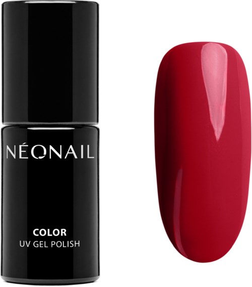 A black nail polish bottle labeled 'Neonail Color UV Gel Polish' and a painted red nail.