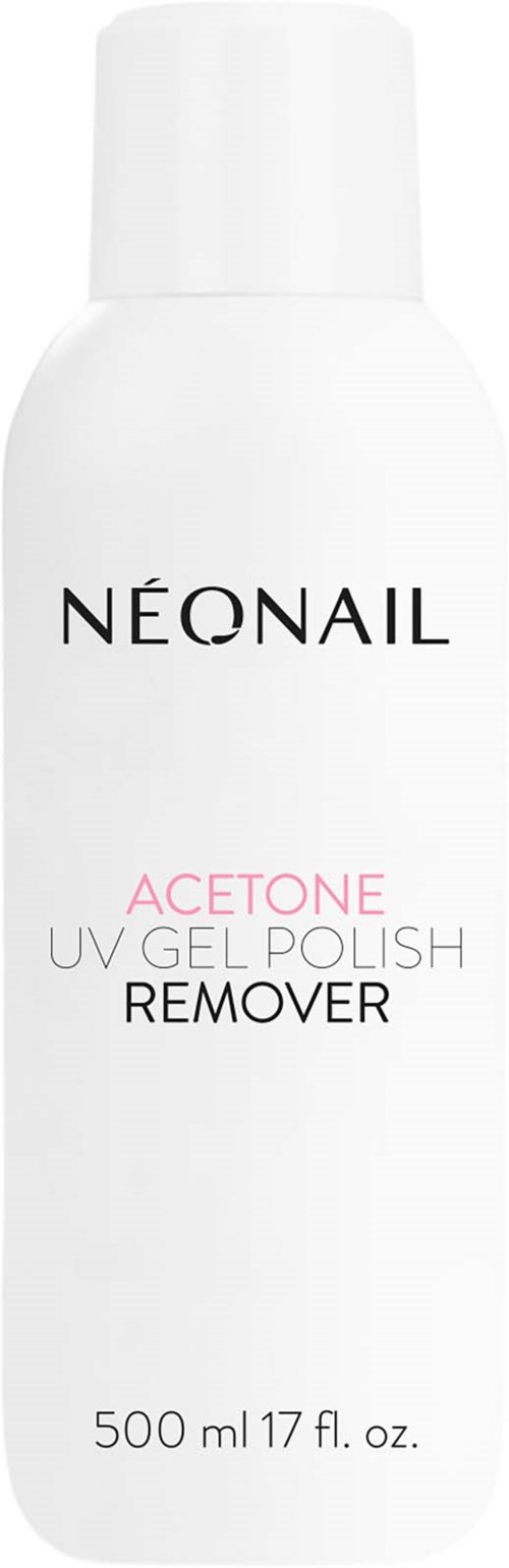 A white bottle of nail polish remover labeled NEONAIL, containing 500 ml of acetone UV gel polish remover.