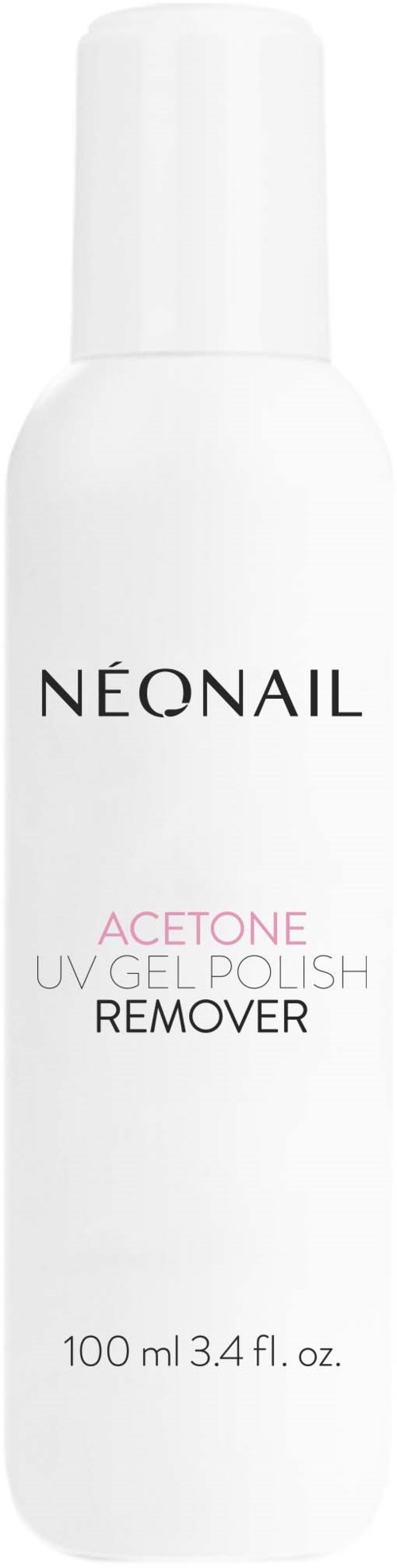 A white bottle labeled Neonail Acetone UV Gel Polish Remover, 100 ml, for removing gel nails.