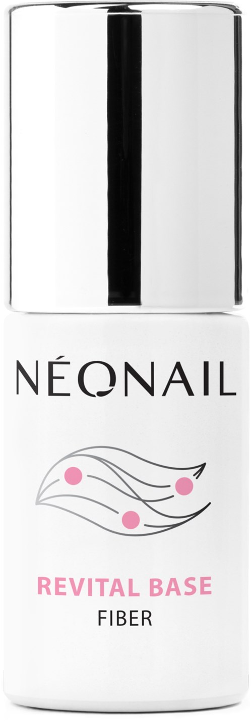 NEONAIL Revital Base Fiber kynsiboohoito, hopeinen korkki ja yksinkertainen etikettisuunnittelu.