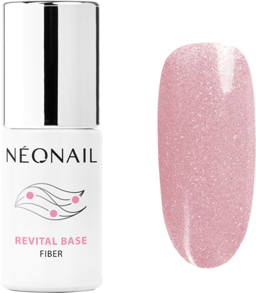 Aluspuikko ja pinkki glitterinen kynsinäyte. Pullo on merkinnällä 'NEONAIL Revital Base Fiber.'