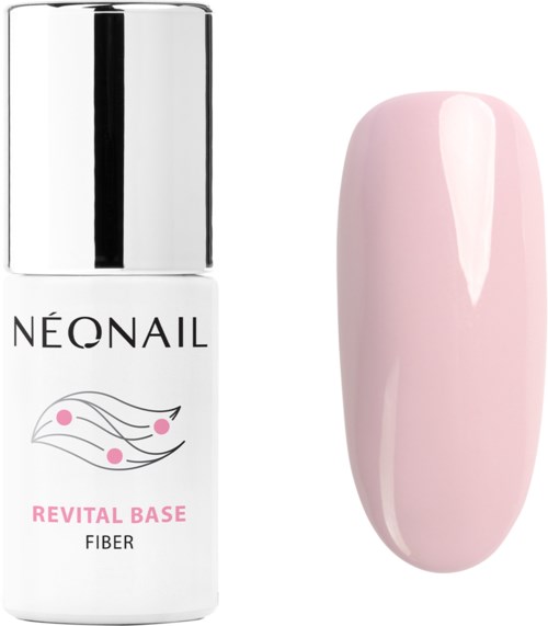 A nail polish bottle labeled 'NEONAIL Revital Base Fiber' next to a painted pink nail.