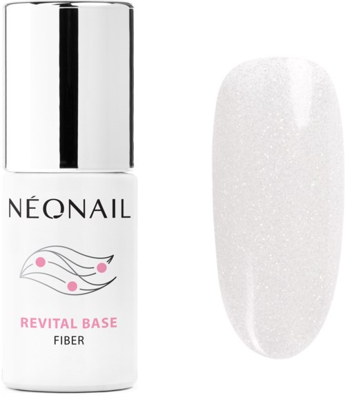 Nagellakfles met label 'Revital Base Fiber' en een gelakt nagel met witte glitterlak.