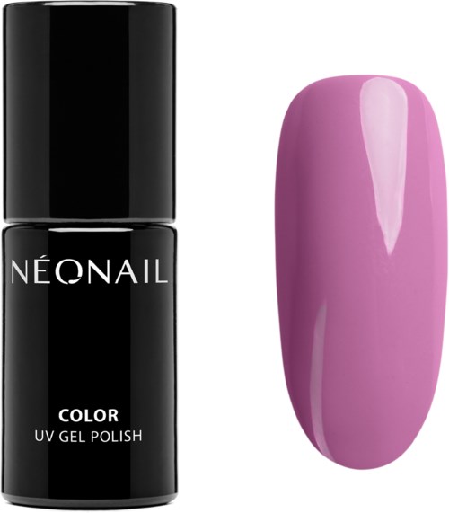 A black bottle of neon nail gel polish and a pink painted nail showing the color.