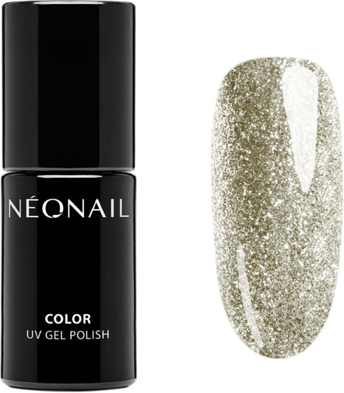 En svart flaska märkt 'NEONAIL COLOR UV GEL POLISH' och ett guldglittrigt naglemålningsprov.