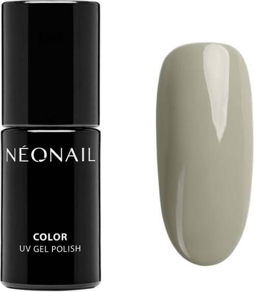 En svart nagellackflaska märkt 'NEONAIL' och en beige målad nagel. Enkel, ren bakgrund, fokus på produkterna.