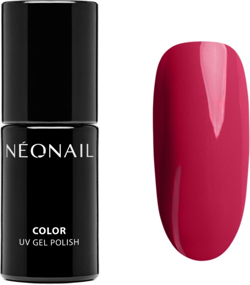 A black bottle of NEONAIL UV gel polish and a painted pink nail. Simple and clean design.