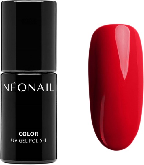 Ein roter Nagellackstich neben einer schwarzen Flasche, beschriftet mit 'Neonail' und 'Color UV Gel Polish.'