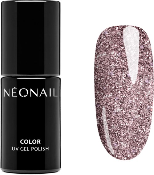 A black bottle labeled 'NEONAIL' with pink glittery nail polish applied on a nail sample.