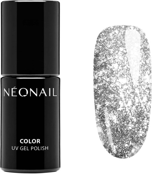 En svart nagellacksflaska märkt 'Neonail Color UV Gel Polish' med en silverglitternageldesign.